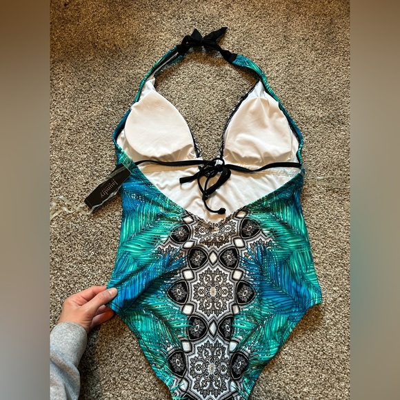 Laundry by design NWT Tropical Blue and Green open back One Piece Swimsuit - Picture 3 of 8